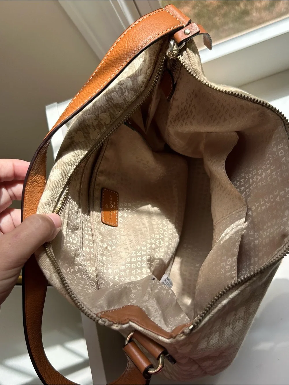 Kate Spade “Mona” Beige Patterned Hobo with Pink and Red Stripe